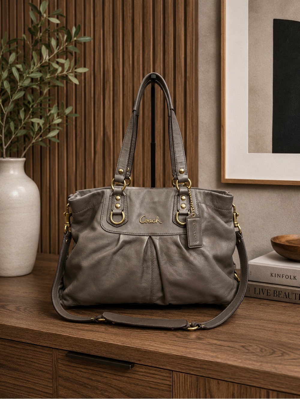 Coach Bronze Leather Ashley Carryall Satchel with Gold-tone hardware
